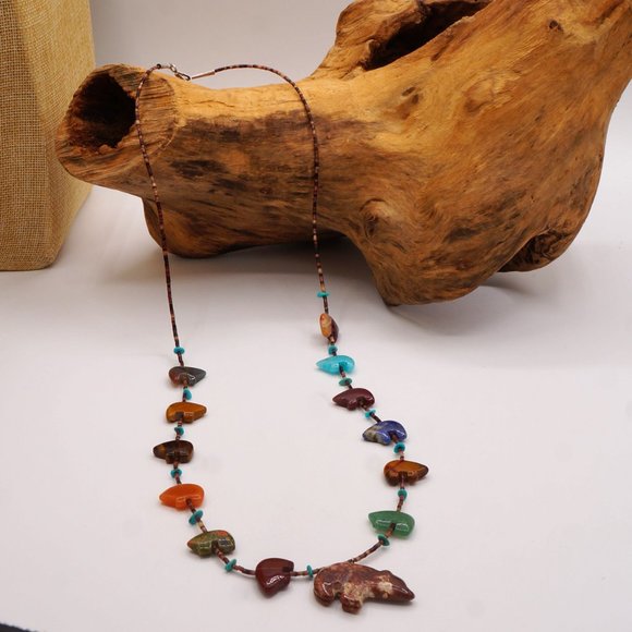Vintage Southwest Native American Bear Fetish Multi Gemstone Necklace 30" - Picture 8 of 10